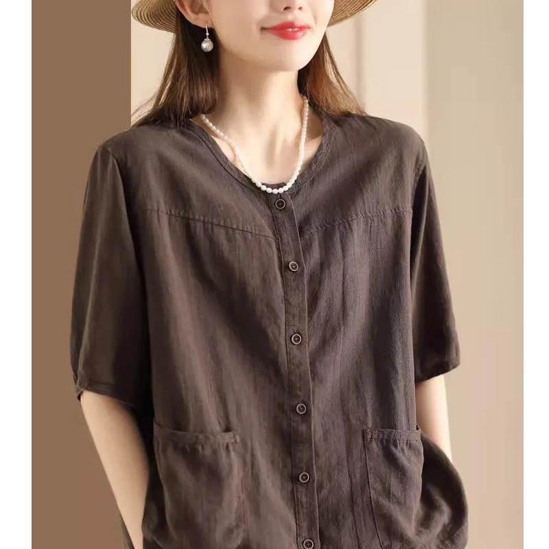 Женская летняя хлопково-льняная рубашка-кардиган с рукавом до середины предплечья 2024 - Повседневный, приталенный, однобортный дизайн