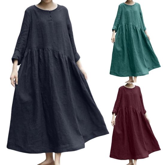 Женское хлопковое льняное платье макси с длинными рукавами, застежкой на пуговицы, круглым вырезом, длинным платьем с карманами, свободного покроя, свободного покроя, пляжный сарафан большого размера
