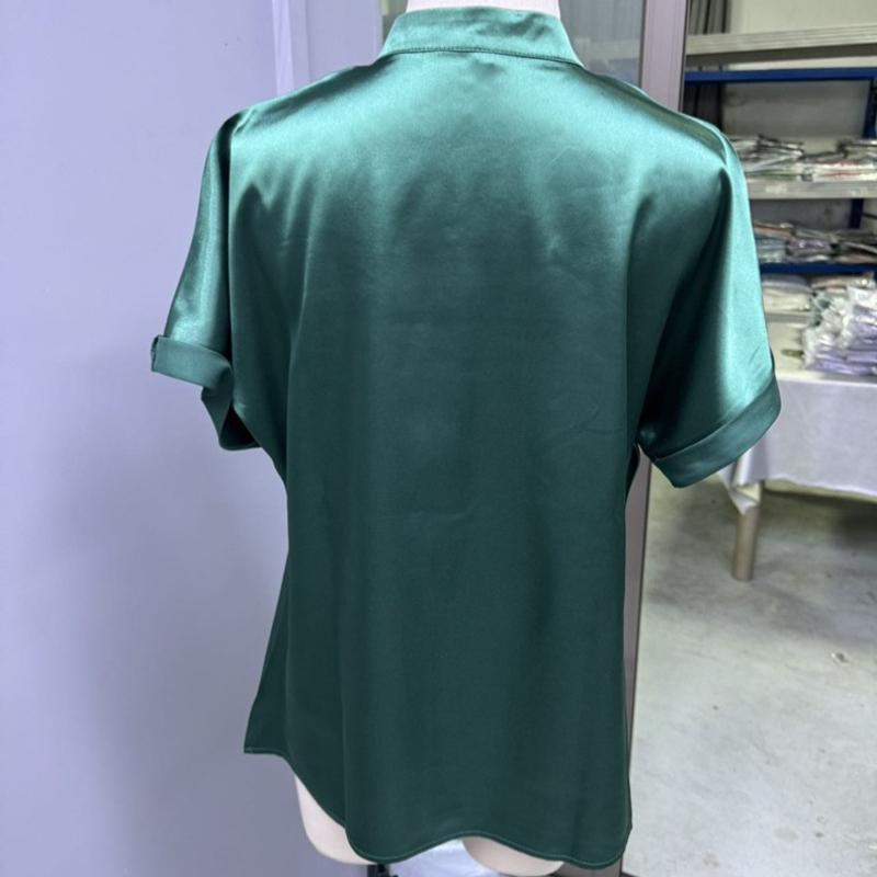 Модная однотонная атласная повседневная рубашка с коротким рукавом, женские летние топы, элегантные простые блузки с воротником-стойкой, женские узкие офисные рубашки на пуговицах 26558