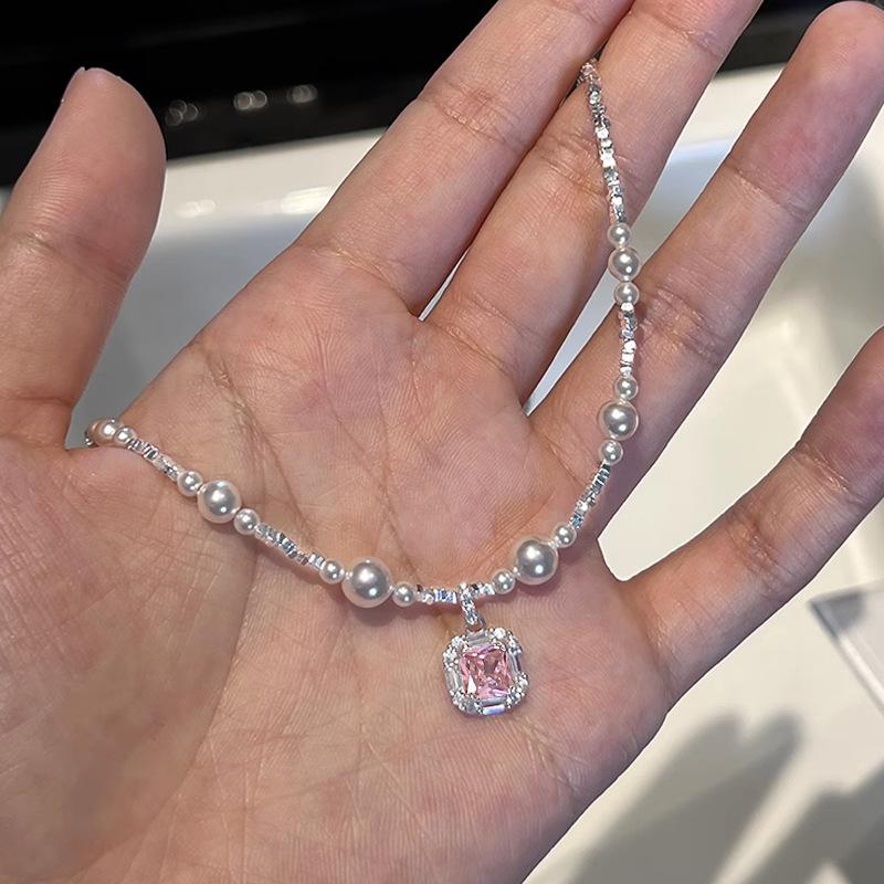 Подвеска из розового циркония, сломанное серебро, жемчужное ожерелье, изысканная женская индивидуальность, модный темперамент, универсальная цепочка на шею, цепочка на ключицу.