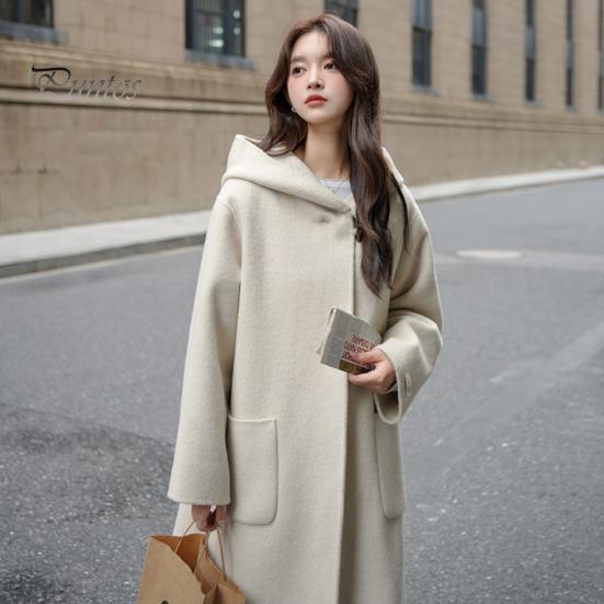 Women Winter Overcoat Hooded Pockets Pure Color Open Stitch Cardigan Mid Length Coat Thermal Long Sleeves Commuting Dating Winter Coat
