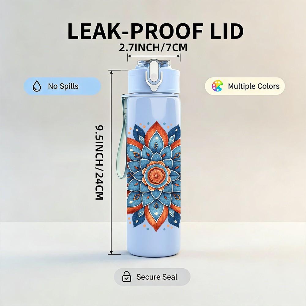 1PC Blue Red Mandala Pattern 750ml Color Plastic Sports Water Bottle Leakproof Flip Straw Lid Suitable for Sports Office Home Use