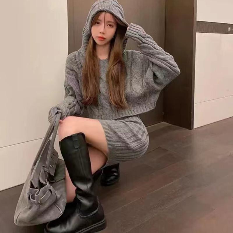 Осень и зима новый ретро модный вязаный свитер с капюшоном косичкой + эластичная юбка-карандаш с высокой талией, женский костюм-двойка