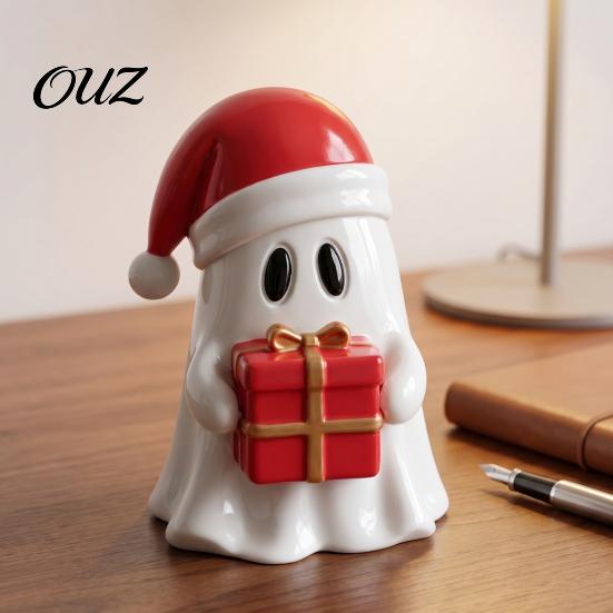 Artistic Desktop Atmosphere Decor Christmas Ghost Resin Figurine, Cute with Santa Hat Holding Gift Box Decorative Pieces for Parties & Tree,