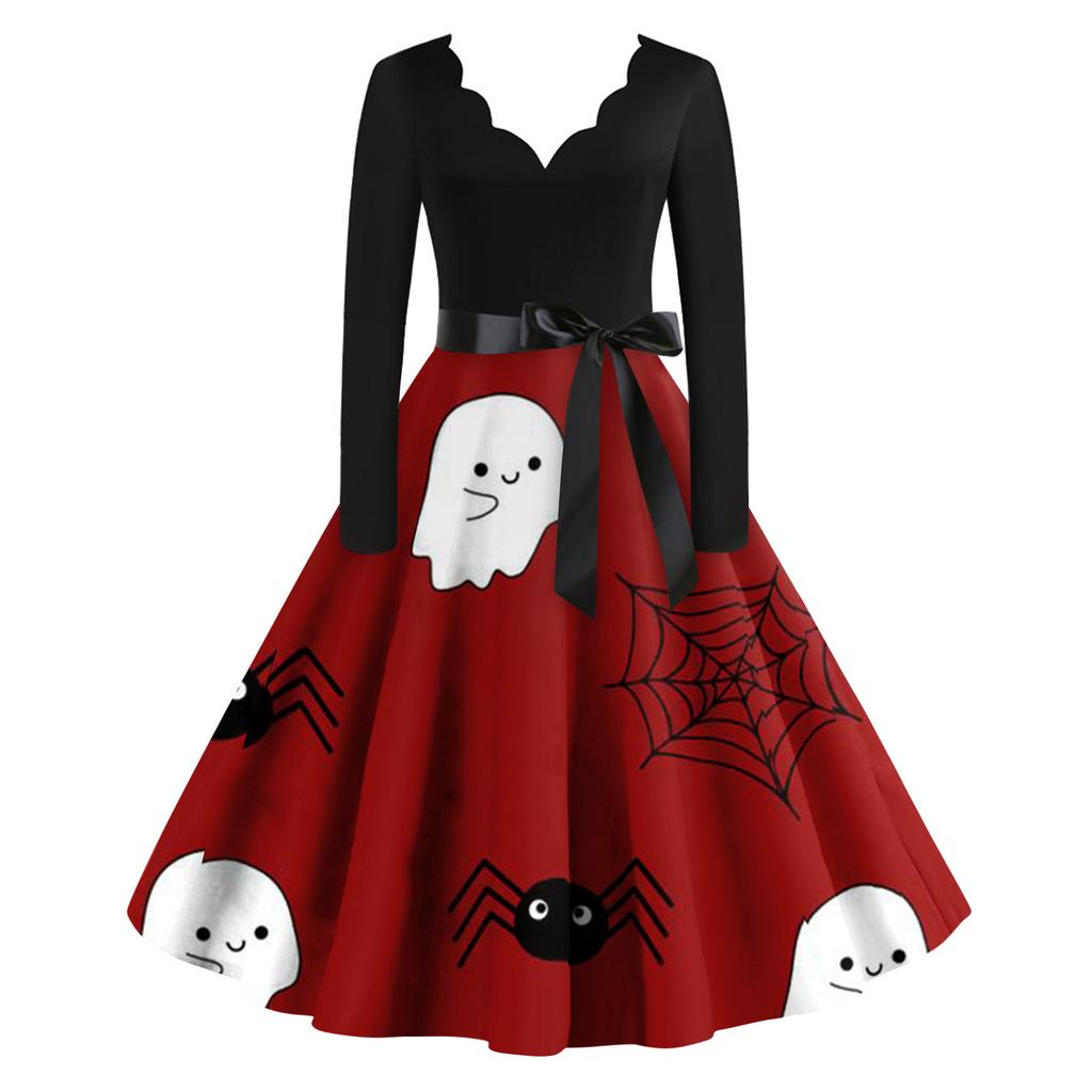 Женское винтажное классическое платье с вырезом на талии и галстуком-бабочкой с длинными рукавами на Хэллоуин с принтом и V-образным вырезом, свободное платье