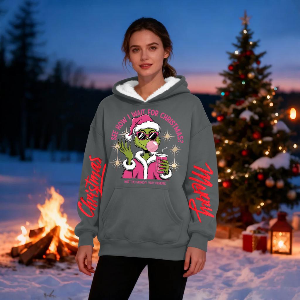 Женская повседневная модная толстовка с капюшоном большого размера, утепленная флисом, с рождественским принтом