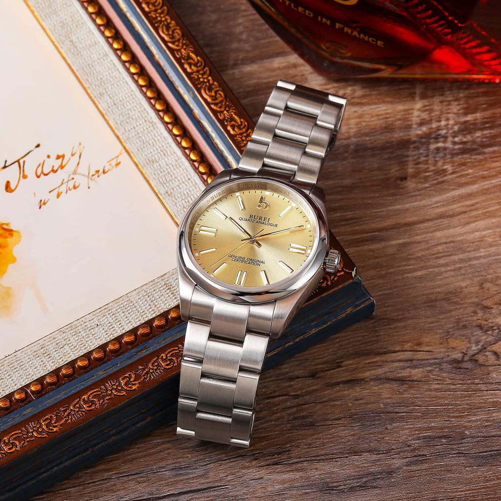 Часы Аналоговые Водонепроницаемые Кварцевые Парные Часы Популярные Простые Серебряные Золотые Светящиеся Часы [BUREI] Мужские