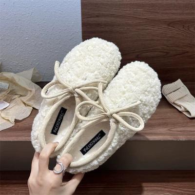 2025 зима новые удобные туфли на плоской подошве из овечьей шерсти женские туфли-бини с бантом из бархата, теплые хлопковые туфли