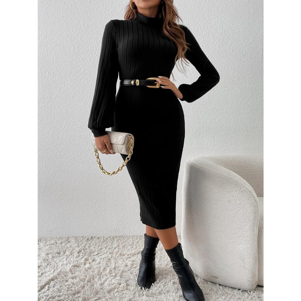 Women's Black Ribbed Knit Dress, Turtleneck Lantern Sleeve Bodycon Midi Dress with Slim Fit Design, Sexy Elegant Evening Dress for Date Night