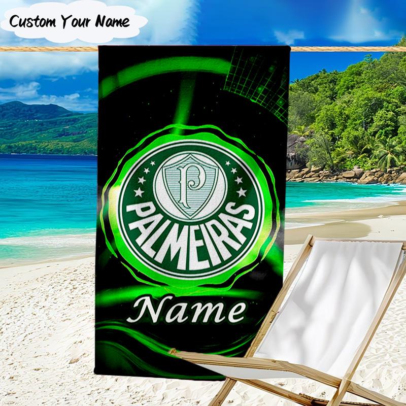 1PC Custom Name Beach Towel Green Palm Tree Emblem Beach Towel, Suitable for Camping, Travel, Beach Accessories, Super Absorbent, Family Gift