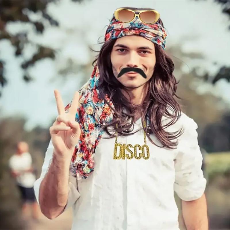 Набор из 3 мужских аксессуаров для костюма в стиле диско 70-х: Ожерелье, Усы, Солнцезащитные очки, Очки в стиле хиппи для тематической вечеринки в стиле диско