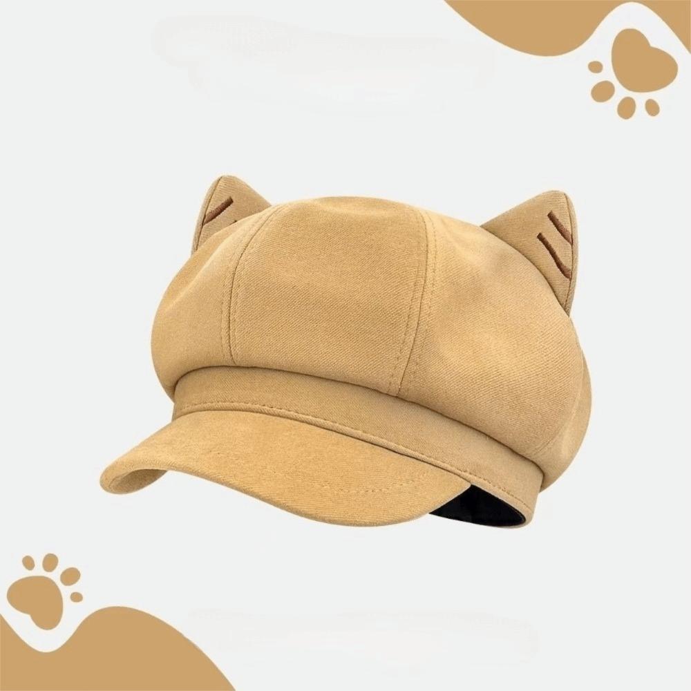 Y2K British Beret Hat Solid Color Octagonal Cap Versatile Cat Ear Hat  Autumn Winter