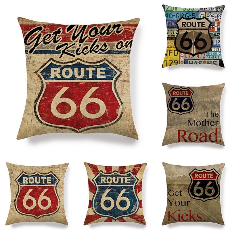 Привлекательная хлопково-льняная наволочка Route 66 с потайной молнией в стиле ар-деко