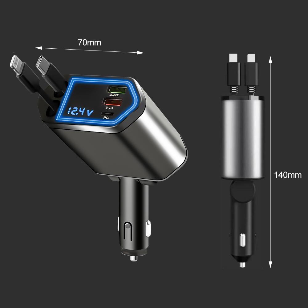 120W 5 In 1 Retractable Car Charger USB C Cable 3 Ports with Retractable Cords with Volt Display For IPhone Huawei Samsung