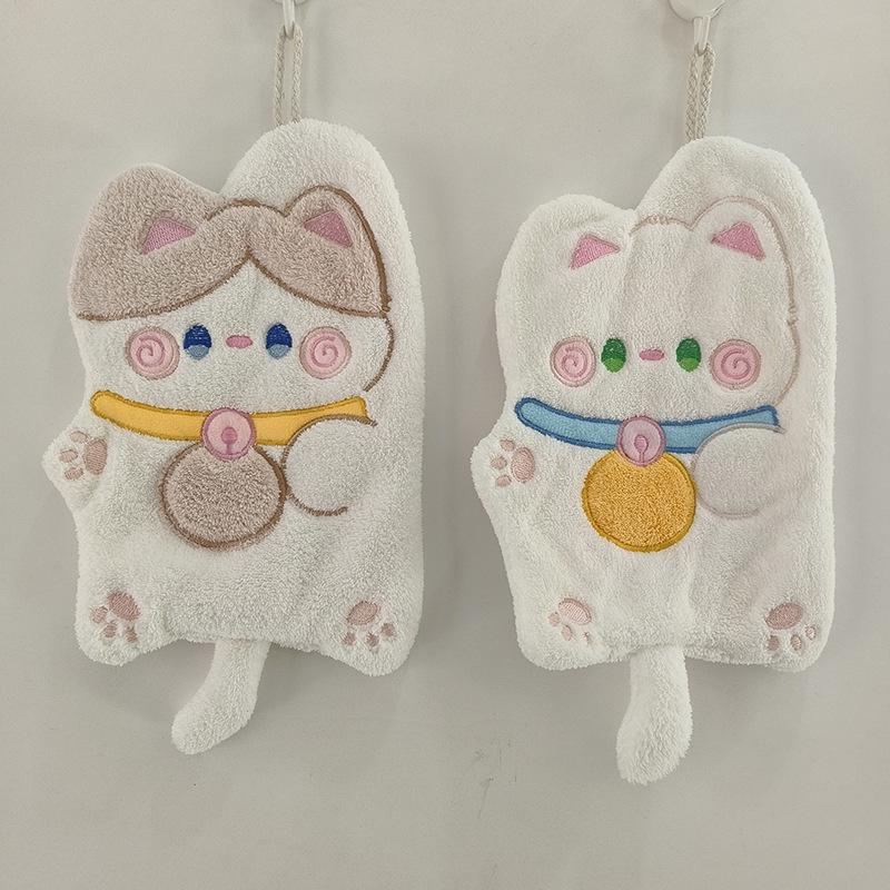 Мультяшное Счастливое Кошка Коралловое Флисовое Полотенце для Рук для Детей - Толстое и Подвесное для Кухни/Ванной