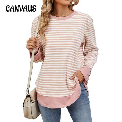 Осенняя женская толстовка большого размера в полоску с яркими цветами и круглым вырезом, свободная, с длинными рукавами