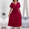 Women Elegant V-Neck Short Sleeve Summer Maxi Dress Solid Color Pleated Long Dress Spring Summer Fashion Sizes S-XL