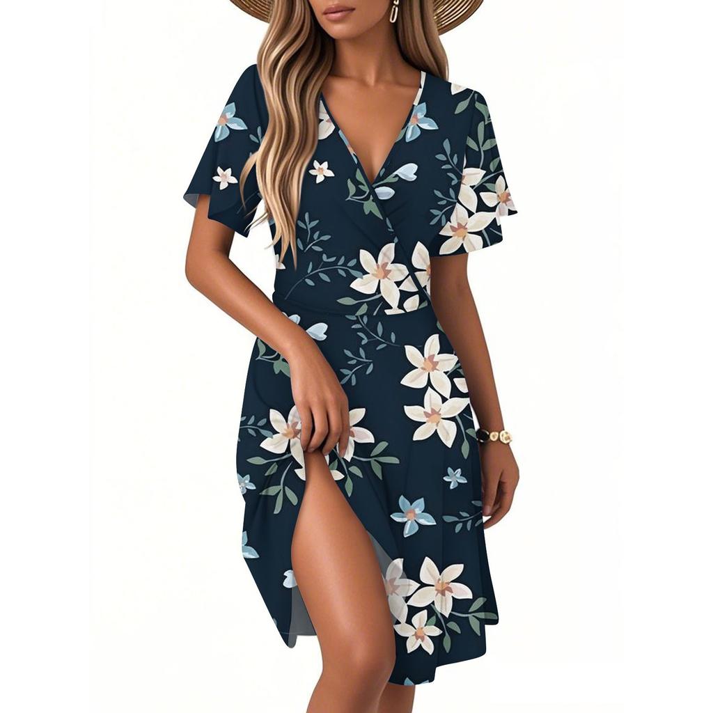 Женское повседневное модное платье с винтажным цветочным принтом и коротким рукавом и V-образным вырезом