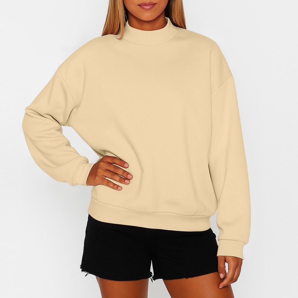 Women's Solid Color Fleece Sweatshirt With A Small High Neck And Loose Fit