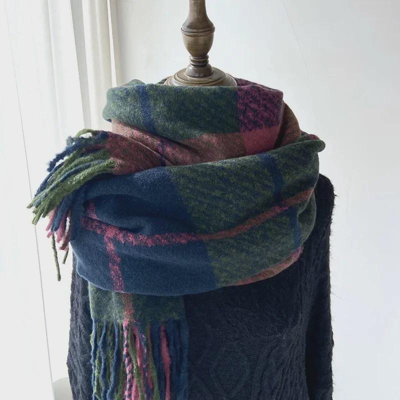 Korean Style Plaid Cashmere-Like Tassel Scarf for Women - Warm, Thick, and Ideal for Autumn and Winter