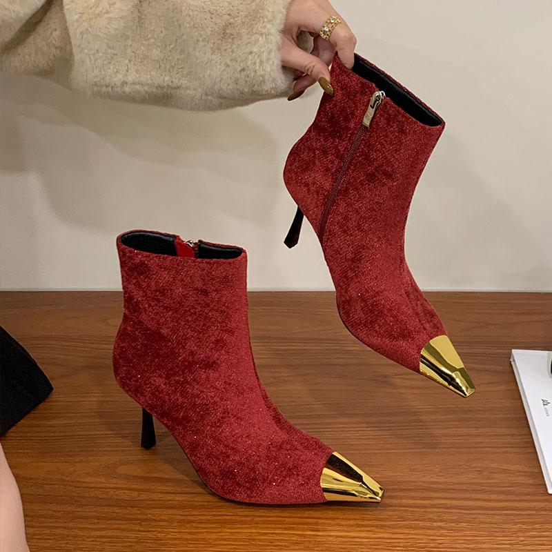 Мода Мода Острый Носок Металл Женские Ботильоны Современные Ботинки На Каблуке Обувь Женские Короткие Ботинки Женская Обувь На Молнии Туфли-Лодочки