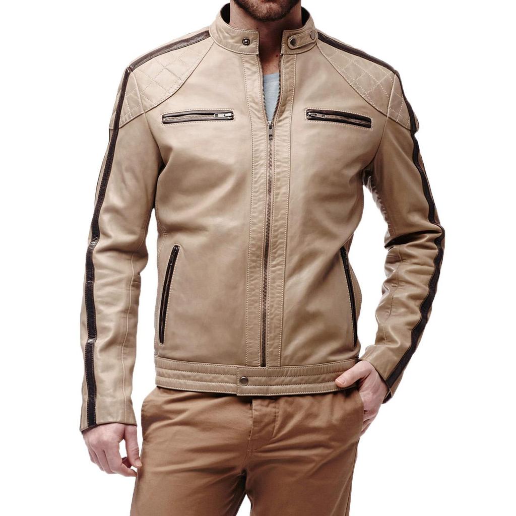 SkinOutfit Men's Genuine Lambskin Beige Leather Jacket Stylish Motorcycle Bomber Biker Outerwear MJ 85
