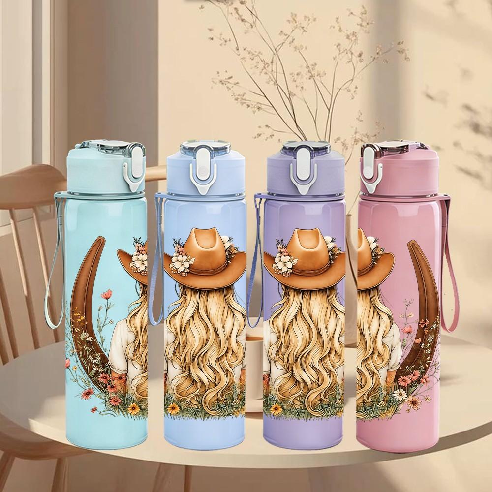 1PC Cowgirl Western Girl 750ml Color Plastic Sports Water Bottle Leakproof Flip Straw Lid Suitable for Sports Office Home Use