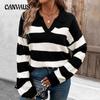 Autumn Women's Sweater Loose Top Striped Lapel Knitwear