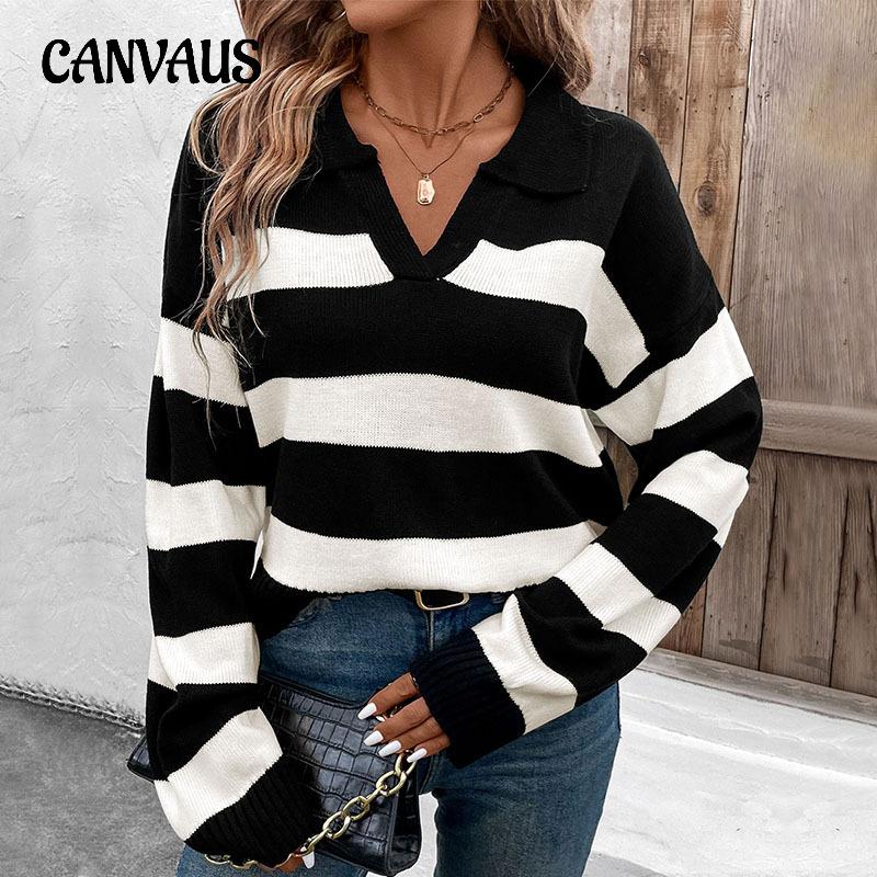 Autumn Women's Sweater Loose Top Striped Lapel Knitwear