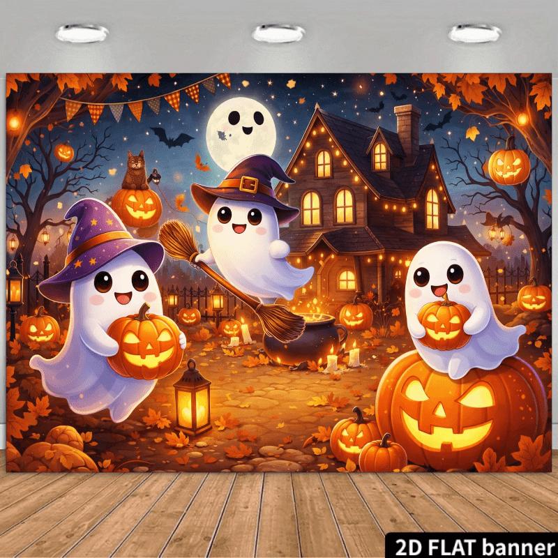 2D planar pumpkin lantern-themed Halloween background fabric, with two white ghosts in the center of the picture.zyc