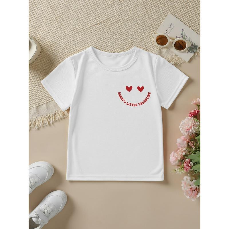 Европейские размеры Девочки Летняя Мода Футболка с коротким рукавом DADDYS LITTLE VALENTINE Клетчатый и Сердечно-глазый Мультяшный Принт Повседневная С круглым вырезом