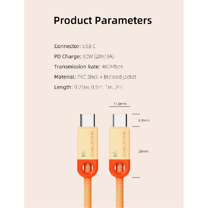 CABLETIME USB C to USB C Cable 60W 480Mbps Fast Charging Cable 3A Braided Type C to Type C Cable for Moble Phone Laptop HUAWEI