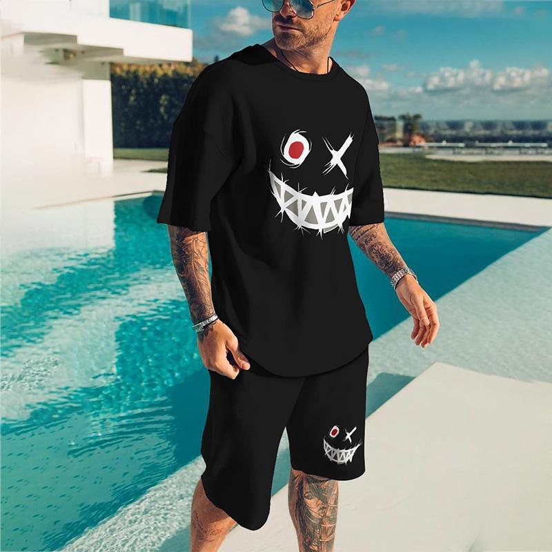 Мужской костюм, летний повседневный дышащий освежающий костюм с принтом 3D Evil Face, большой мужской свободный топ, модный с короткими рукавами