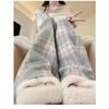 Gray Plaid High-Waisted Wool Wide-Leg Pants for Women - Retro Casual Autumn/Winter Straight Leg