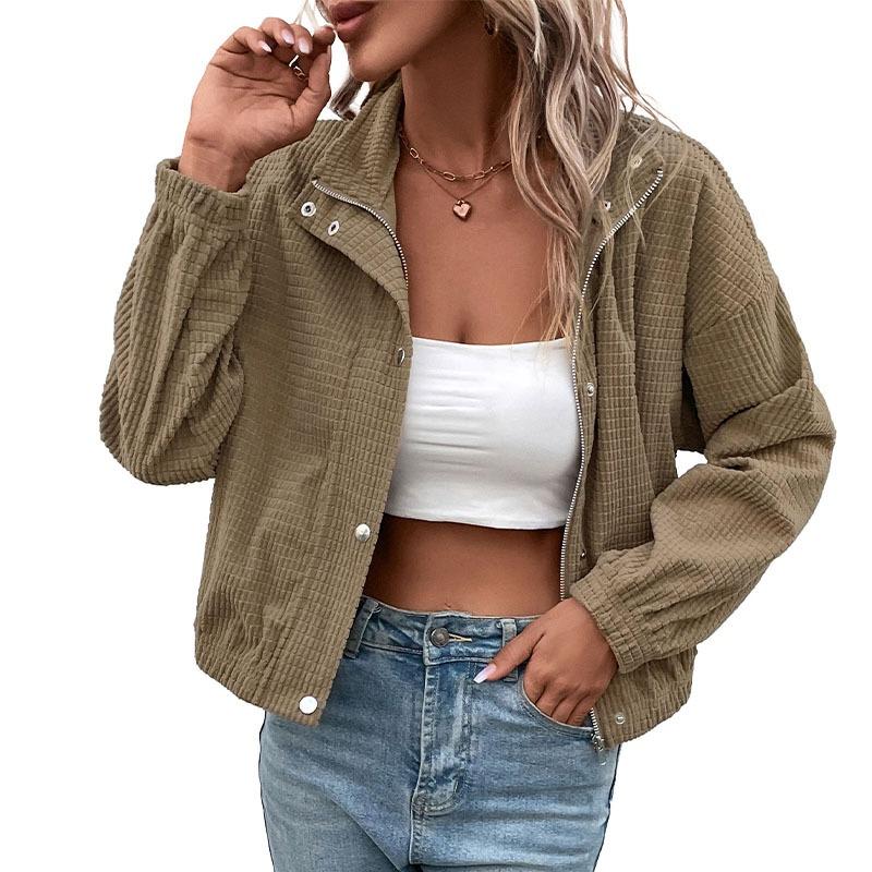 Women S Stand Collar Single Breasted Corduroy Solid Casual Jacket
