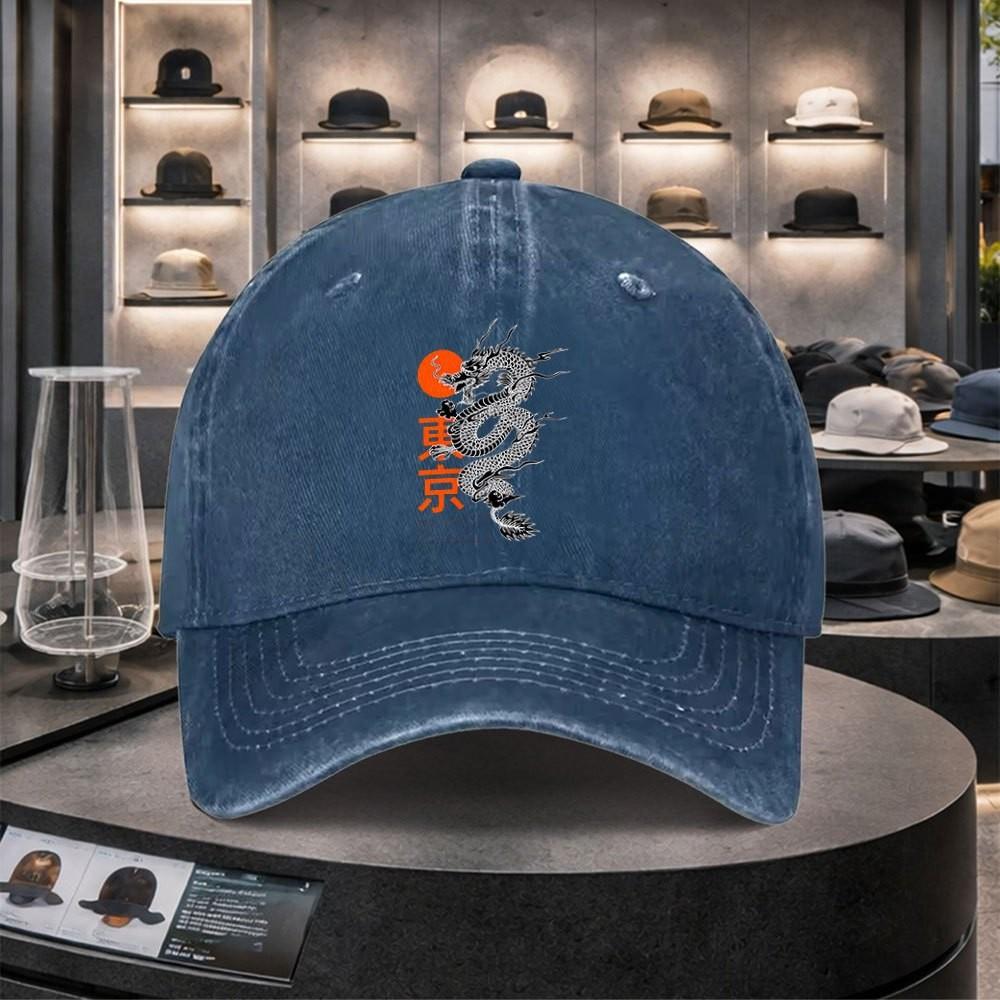 Tokyo Dragon Baseball Cap Vintage Washed Denim Adult Casual Adjustable Sports Hat