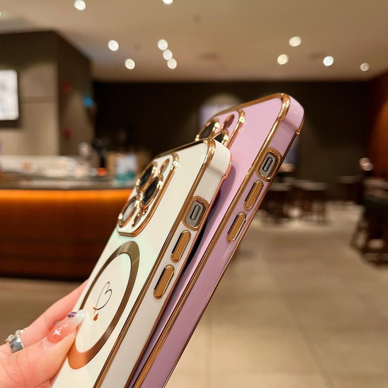 Для iPhone 17 16 Pro 15 14 Pro Max 13 Samsung S25 S24 Ultra S23 FE S22 S21 Чехол с гальваническим покрытием в виде сердца любви Для Magsafe Магнитный чехол для телефона с веревкой через плечо