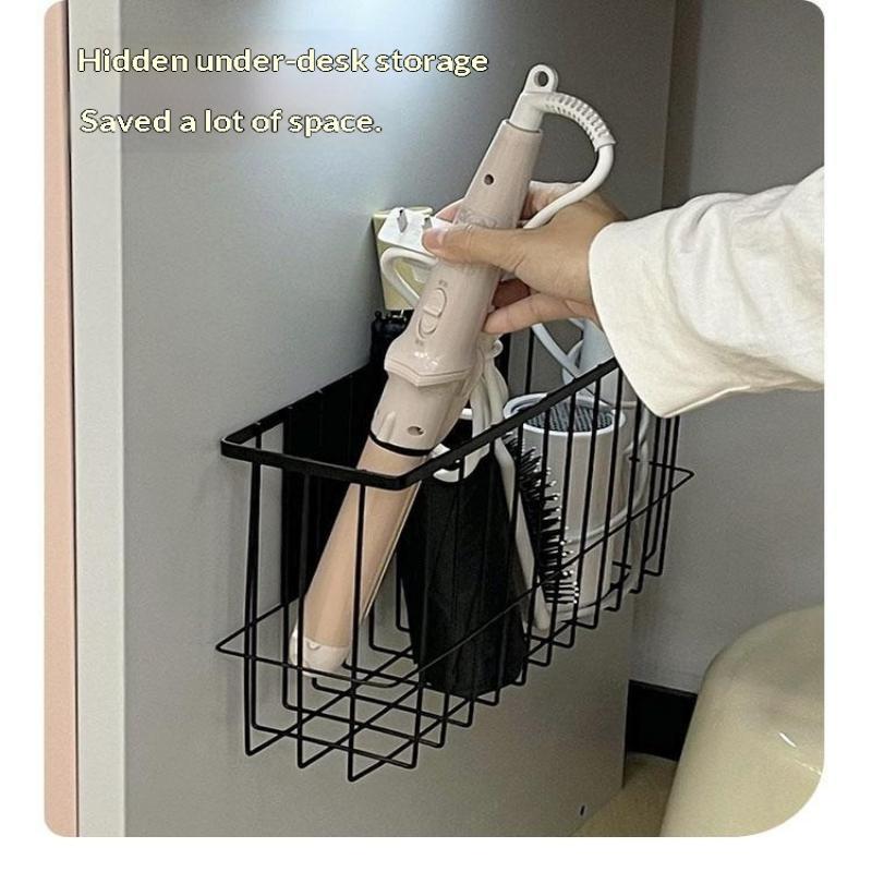 Wall Mounted White Metal Storage Basket Large Capacity No Drilling Self Adhesive Holder for Kitchen Bathroom Kids Room