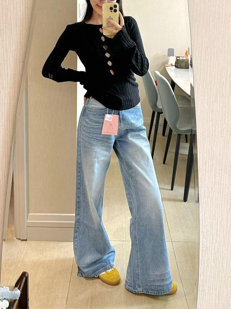 Plus Size High Waist Washed Wide Leg Jeans - Women's Slimming, Floor-Length, Straight Fit