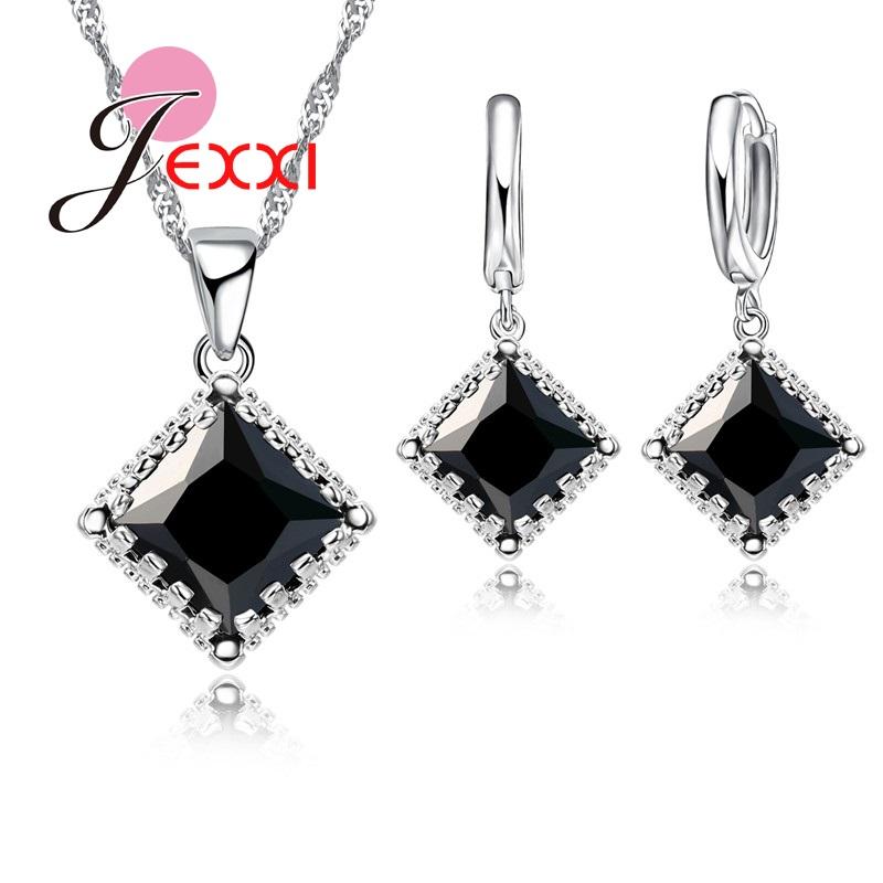 Luxury Bridesmaid Jewelry European Big Square Crystal Necklace Earrings Set 925 Sterling Silver Women Wedding Accessories