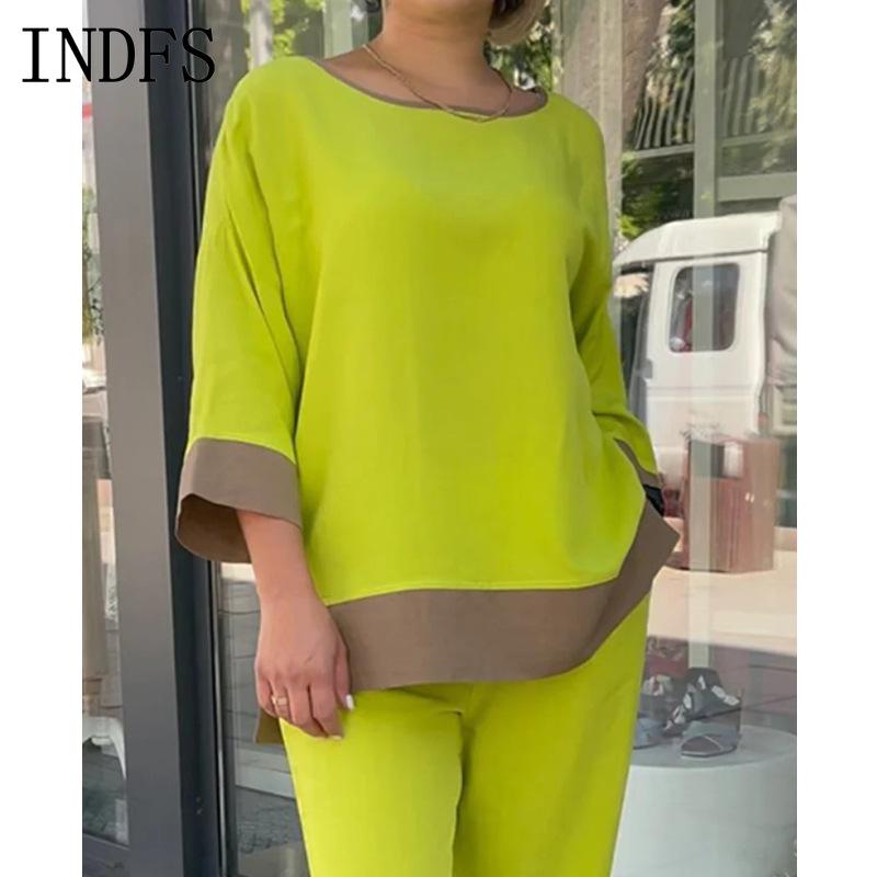 INDFS Women's Fashion Casual Spring Fall Colour Block Print Long Sleeve O-Neck Blouses & Shirts Trousers Pants Suits
