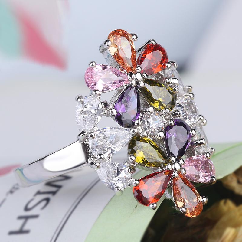 Colorful Twin Flowers Shape Zircon Wedding Ring for Women Silver Color Micro-inlaid Simulation Jewelry Ring Engagement Ring