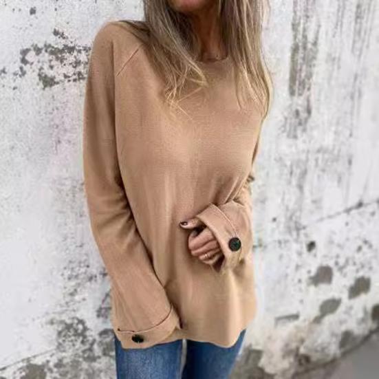 Женская футболка с круглым вырезом и длинным рукавом, реглан, на пуговицах, на манжетах, однотонная, свободная, повседневная, с пуловером, топы, повседневная одежда