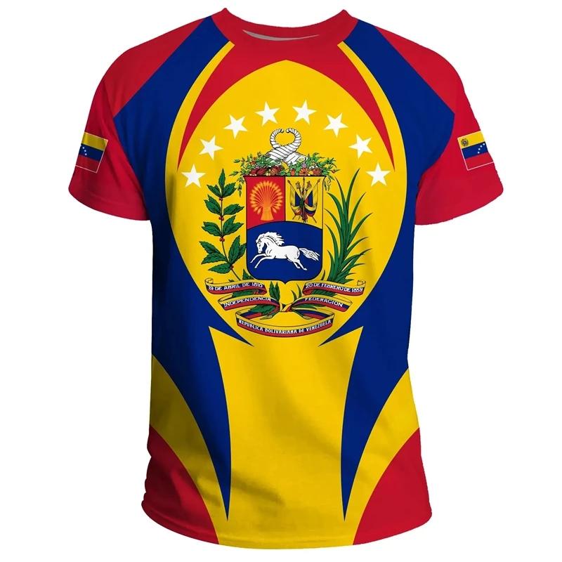 3D Men's Venezuela Printed T-Shirt - Polyester Spandex Crew Neck Machine Washable Casual Style