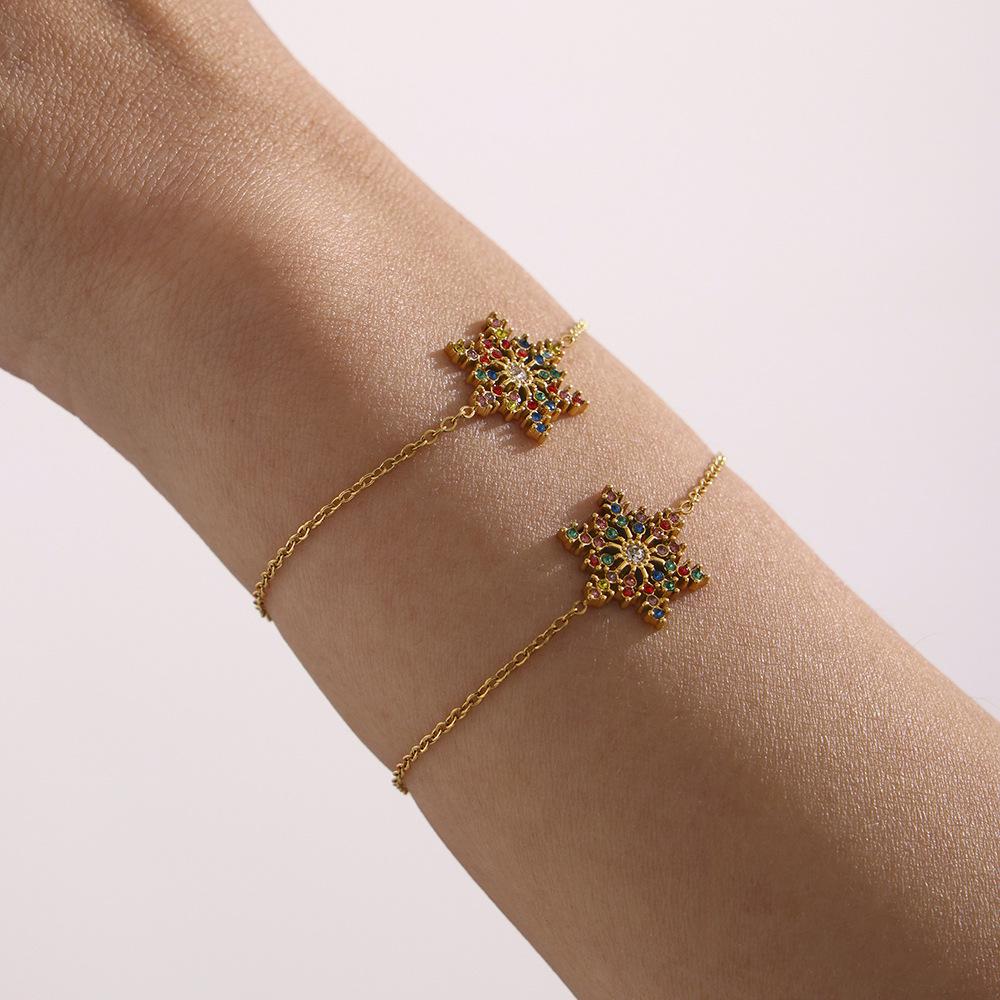 Oumeka Рождественский циркониевый браслет-снежинка с блеском, с PVD-покрытием из 18-каратного золота, женские украшения, не тускнеющие