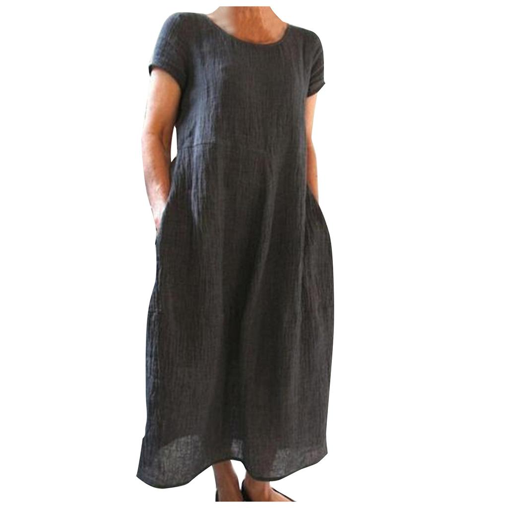 O Neck Sleeveless Loose Cotton Linen Pocket Long Dress Solid Color Women