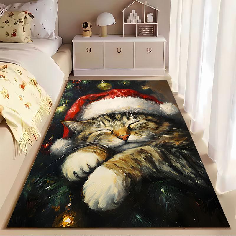 Christmas Cat in Santa Hat suitable as a non-slip mat for the living room or bedroom sofa