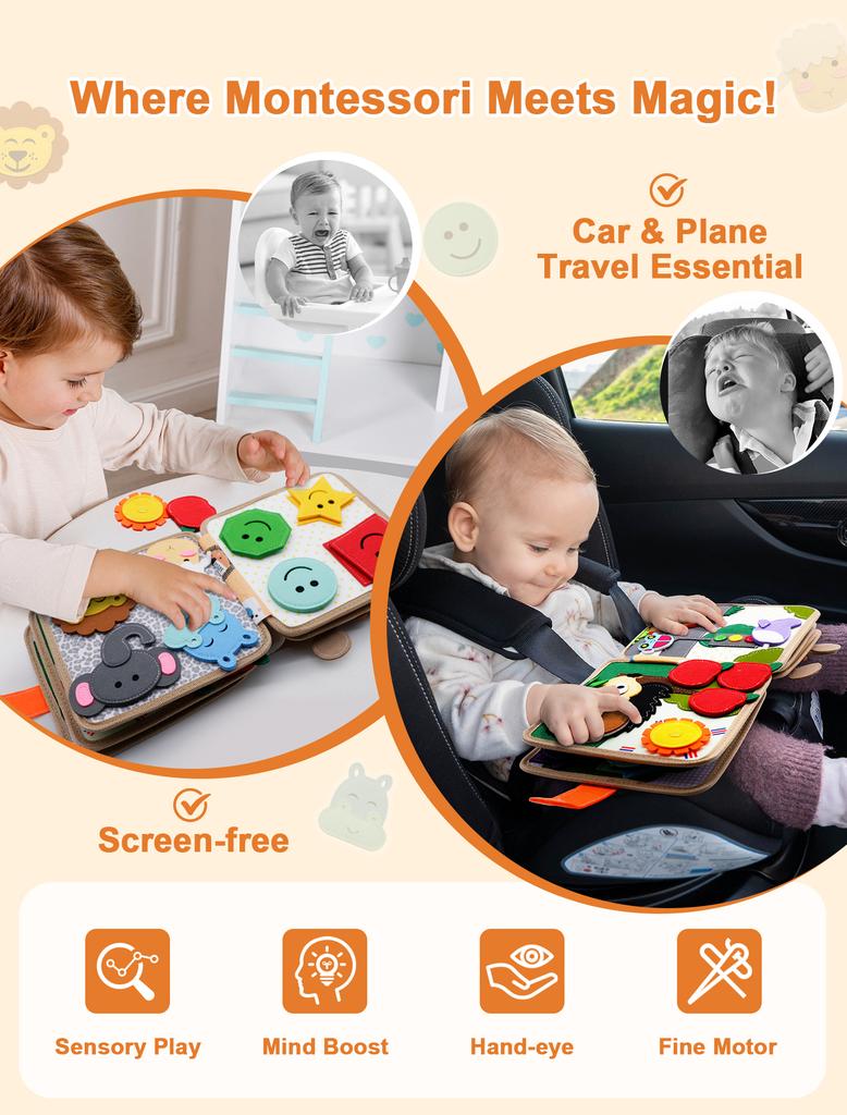 Игрушка Монтессори Жираф Бизиборд 3D книга из фетра для мелкой моторики, навыков раннего образования, развития знаний