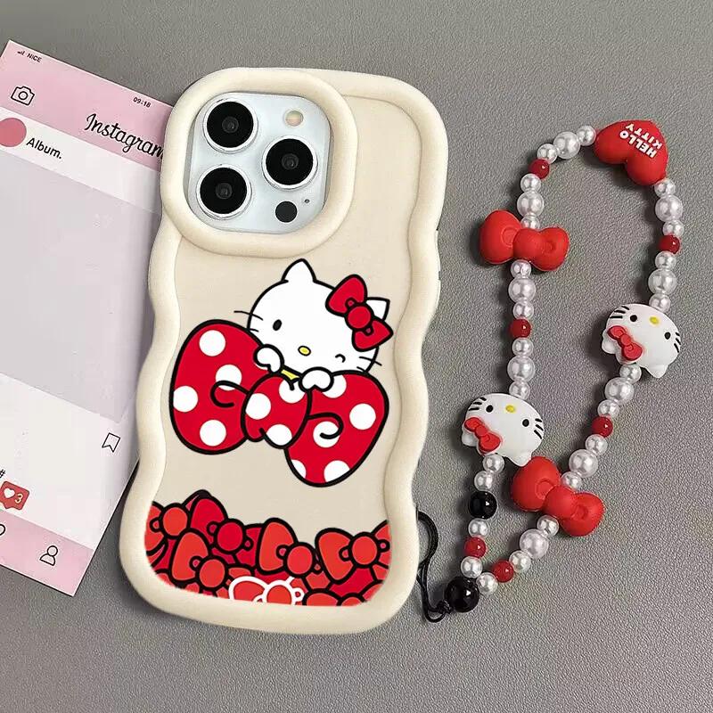 Чехол-цепочка Hello Kitty для iPhone 17 Pro Max 16 15 14 13 12 11 Pro Max 17 Air 16e 14 16 15 Plus 16+ Чехол для телефона Милый Волна ТПУ
