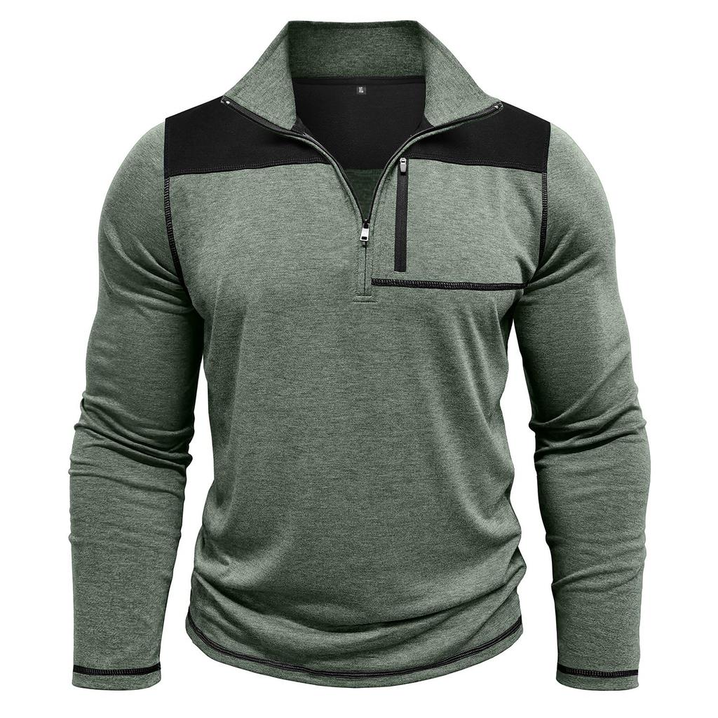 Мужские топы с воротником-стойкой, длинными рукавами, футболки контрастных цветов, свитшоты с застежкой-молнией и нагрудным карманом, повседневная спортивная одежда на осень и весну